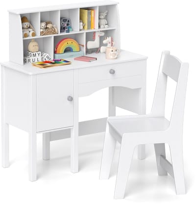 COSTWAY Bureau voor kinderen met stoel, kinderbureau met lade, kast en plank, jeugdbureau van hout, studentenbureau kinderkamer voor kinderen vanaf 3 jaar, 79 x 34 x 91 cm, wit