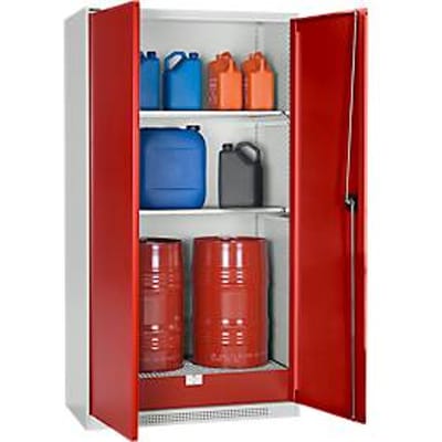 Schäfer Shop Select kast voor gevaarlijke stoffen, voor olie enz., 2 x 60 l vaten en 8 x 20 l bussen, B 1055 x D 520 x H 1950 mm, lichtgrijs/robijnrood