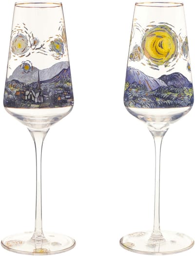 Goebel - Vincent Van Gogh | Champagne glas Sterrennacht set 2 stuks | Glas - 23cm - met echt goud - 100ml