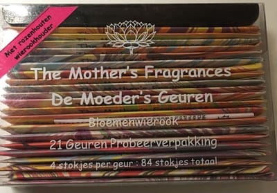 De Moeder’s Geuren Wierook Cadeauverpakking – Transparant Assortimentsdoosje 84 korte wierook stokjes + Houten Wierookhouder – 100% Natuurlijke Wierook