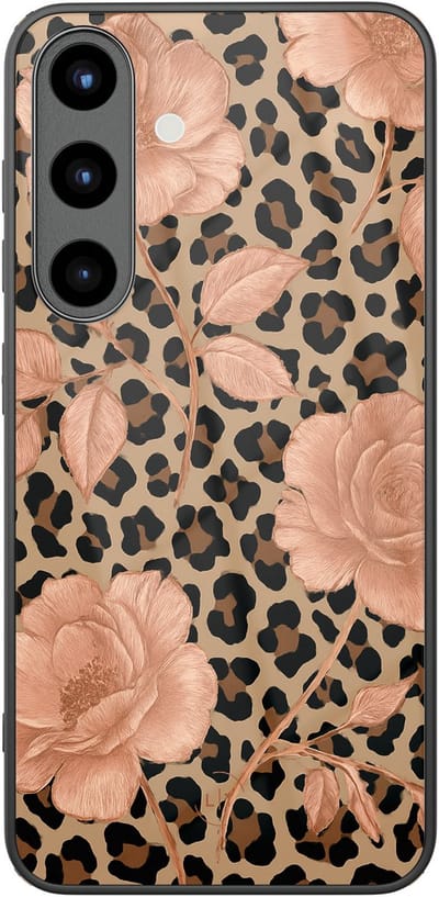 Hoesje geschikt voor Samsung Galaxy S25 - Leo flowers - Luxe Glazen Hardcase - Bloemen, Luipaardprint - Multi