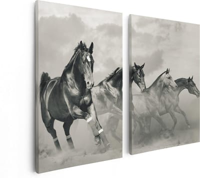 Artaza Canvas Schilderij Tweeluik Vier Paarden Naast Elkaar - Zwart Wit - 80x60 - Foto Op Canvas - Canvas Print