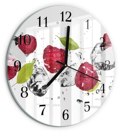 Tulup Wandklok - Frambozen Wandklok Glas Met Motief - 30fi cm - Rood Decoratieve Glazen Klok - Zwarte Handen - Ronde Wandklok - Klok Glas Met Opdruk - Moderne Wandklok Glas