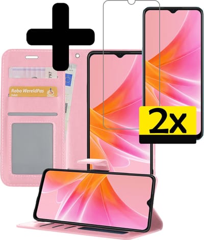 Hoesje - Met 2x Screenprotector - Geschikt voor OPPO A17 - Luxe Pasjeshouder - Bookcase Portemonee - Flip Case - Kunstleer Book Case - Flipcase Hoes - Book Cover - Walletcase - Portemonneehoes - Telefoonhoesjes - Lichtroze