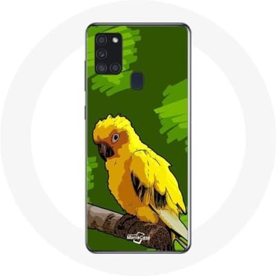 Samsung Galaxy A21S Hoesje Papegaai Parkieten Geel Blauwe Achtergrond geel
