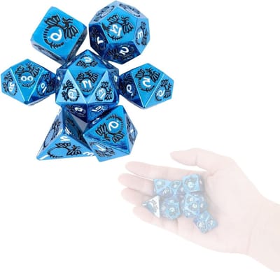 Metalen Dobbelstenen Set - Draken Dobbelstenen - Tafelspel Avontuur - Gedetailleerd Draken Design - 7 Delig - Blauw Wit