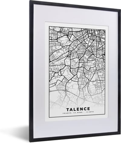 Fotolijst incl. Poster Zwart Wit- Talence - Kaart - Plattegrond - Frankrijk - Stadskaart - Zwart wit - 30x40 cm - Posterlijst