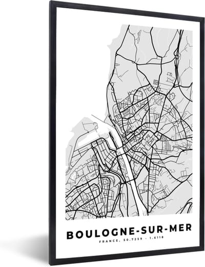 Fotolijst incl. Poster - Frankrijk - Boulogne-sur-Mer - Stadskaart - Plattegrond - Kaart - 40x60 cm - Posterlijst