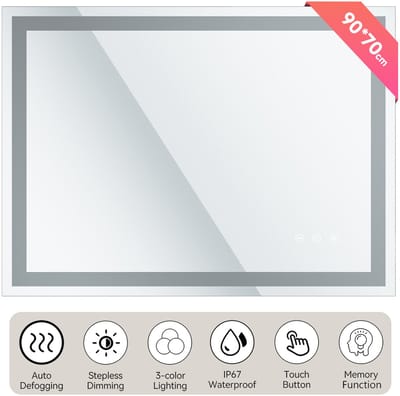 Auralum® - Badkamerspiegel met LED Verlichting - Badkamer Spiegel - Spiegel Badkamer - Spiegel Douche - Dimbaar - Wandspiegel - Badkamer/Make-up spiegel - Anti Condens Douchespiegel - Warm/Neutraal/Koud Wit - 90x70cm