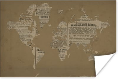 Poster 30x20 cm - Wereldkaart - Vintage - Krantenpapier - Posters - Kamer decoratie - Wanddecoratie woonkamer - Muurdecoratie slaapkamer