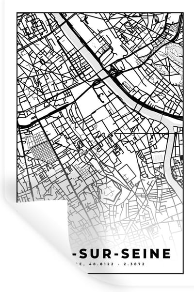 Muurstickers - Sticker Folie - Kaart - Ivry-sur-Seine - Stadskaart - Frankrijk - Plattegrond - Zwart wit - 20x30 cm - Plakfolie - Muurstickers Kinderkamer - Zelfklevend Behang - Zelfklevend behangpapier - Stickerfolie