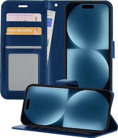 Hoesje - Geschikt voor Apple iPhone 15 - Luxe Bookcase - Walletcase Hoes - Portemonnee - Cover - Telefoonhoes - Donkerblauw