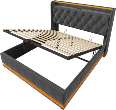 Gestoffeerd tweepersoonsbed met 360° LED-verlichting, bediening via knop/app/afstandsbediening, 140*200 cm, grijs linnen, hydraulisch opbergbed, gestoffeerd hoofdeinde met USB Type-C oplaadfunctie (matras niet inbegrepen).