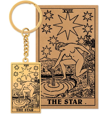 Tarot Sleutelanger XVII: De Ster / The Star - Op Cadeau Kaartje - Goudkleurig Stainless Steel - Grote Arcana uit Rider-Waite Geïnspireerd - Pax Amare