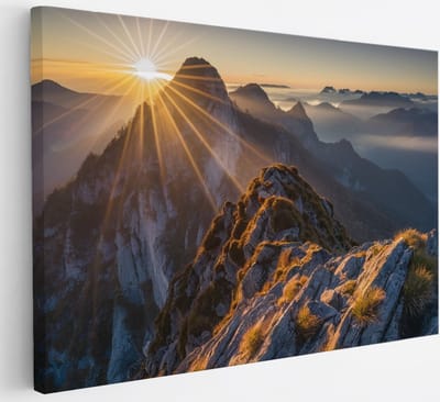 Saammp Canvas Schilderij -Bergtoppen met zonsopgang - Landschap - Natuur - 30x20 - Foto op canvas - Wanddecoratie - Muurdecoratie Woonkamer - Slaapkamer decoratie - Canvas Print