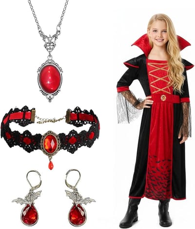 Vampier Kostuum voor Kinderen - Halloween Outfit voor Meisjes met Choker, Oorbellen en Accessoires voor Feestjes en Carnavals