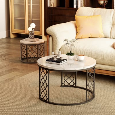REDOM Salontafel Set van 2 – 70x70x45 cm & 45x45x37 cm – Ronde Nesttafels met Marmerlook Tafelblad – Voor Woonkamer – MDF & IJzeren Frame – Zwart & Wit