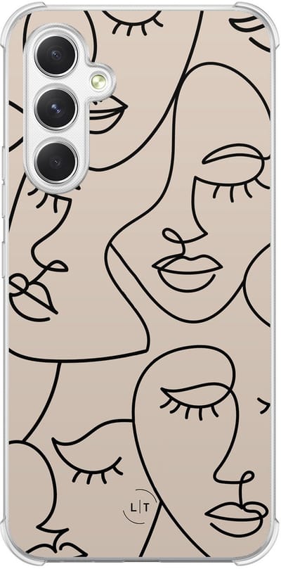 Shockproof hoesje - Geschikt voor Samsung Galaxy A54 - Abstract faces - Extra sterke case - TPU/polycarbonaat - Print / Illustratie - Beige, Transparant