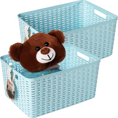 Plasticforte Opbergmand - 2x - Kastmand - rotan kunststof - ijsblauw - 18 Liter - 29 x 39 x 20 cm