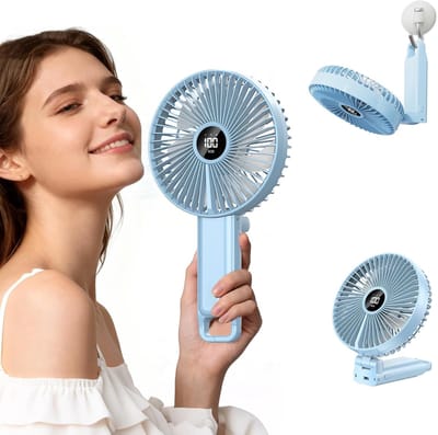 Grote Handventilator - Mini Ventilator - Tafelventilator met Grote Bladen - Bureauventilator - Reisventilator - Opvouwbaar 180° - 5 Snelheden - LED Display - USB Oplaadbaar - Draagbare - Voor Reizen, Kantoor en Camping - Blauw、