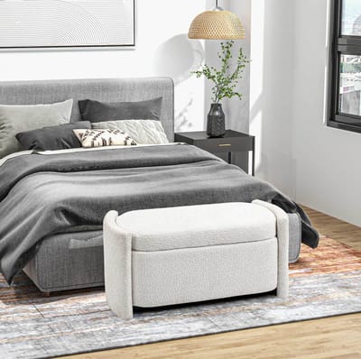 MEUNIQ bedbank met opbergruimte 105 x 44 x 45,5 cm, gestoffeerde zitbank met deksel, polyester bekleding en houten frame voor slaapkamer of woonkamer, crèmewit