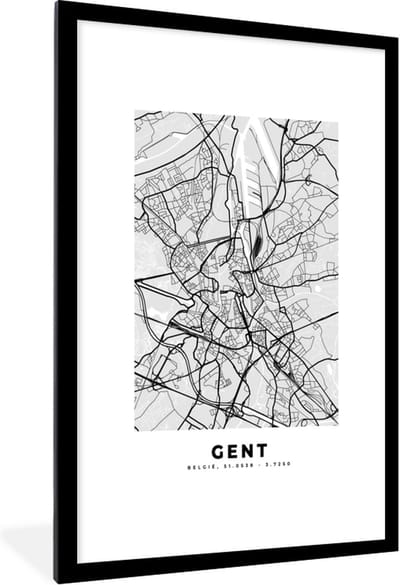 Fotolijst incl. Poster Zwart Wit- Plattegrond – Gent – Zwart Wit – Stadskaart - Kaart - 80x120 cm - Posterlijst