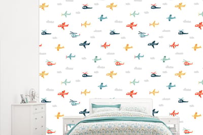 Behang - Fotobehang Patronen - Helicopter - Vliegtuig - Jongens - Kinderen - Kids - Breedte 315 cm x hoogte 260 cm