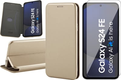 Hoesje geschikt voor Samsung Galaxy S24 FE - Screenprotector Glas - Wallet Book Case Goud