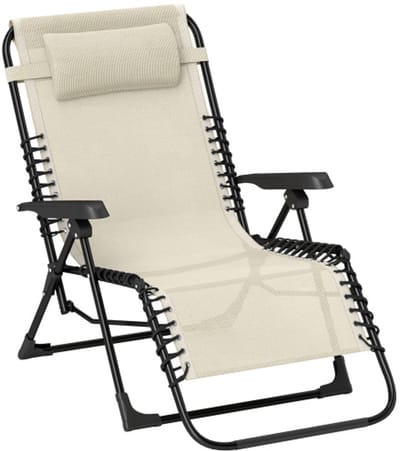 Opvouwbare ligstoel met hoofdsteun, ligstoel met 5-voudig verstelbare rugleuning, weerbestendige campingligstoel, tuinstoel, draagvermogen tot 120 kg, voor tuin, buiten, strand, beige
