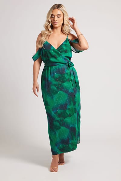 Yours London Midaxi Jurk Met Abstracte Print En Blote Schouders In Metallic Groen Size 50