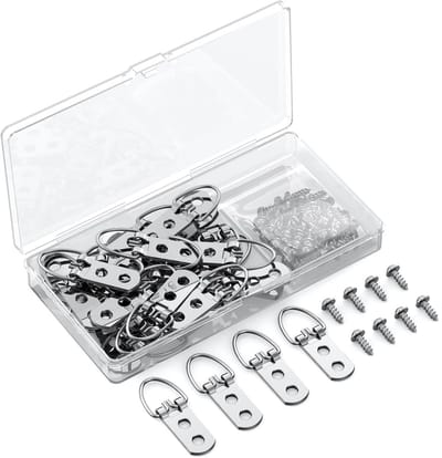 TOVBMUP D-ring ezel met schroeven - Set van 30 stuks - Draagvermogen 18 kg - Zware ophanghaken geschikt voor schilderijen met dubbele gaten - D-ringen geschikt voor fotolijsten - D-haken geschikt voor schilderijen, spiegels en klokken