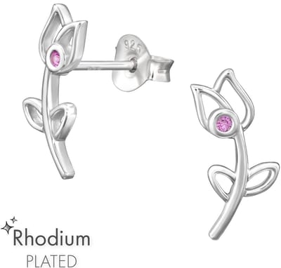 Joy|S - Zilveren tulp bloem oorbellen - 7 x 13 mm - roze zirkonia - oorknoppen - gehodineerd / rhodium