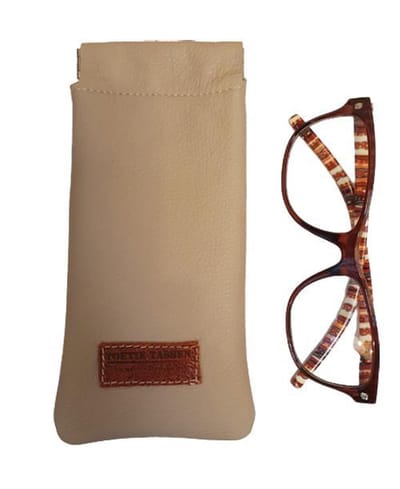 Handgemaakte Leren Brillenkoker Beige - Wit - Knijpsluiting - Brillenetui - Brillentas - Leder - Snappouch