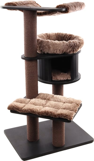 Krabpaal – Flamingo Raisa 2 Bruin & Grijs – 106x87,5x130 cm – luxe kattenboom met mand, hangmat & schuilplaats – krabpaal voor grote katten – met speeltje & papieren touw