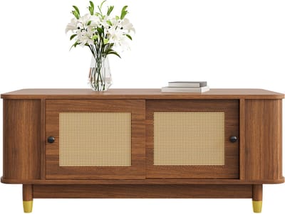 Salontafel - Met Rattan Schuifdeuren En Opbergruimte - Afgeronde Hoeken - MDF - Houtkleur