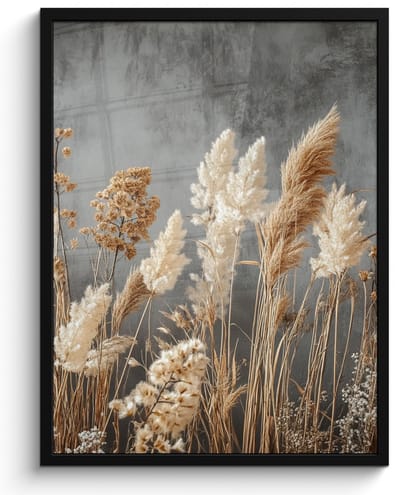 Poster in lijst - Fotolijst 50x70 cm - Posters - Gedroogde Veldbloemen - Grijs - Beton - Posterlijst zwart - Decoratie - Wanddecoratie woonkamer - Muurdecoratie slaapkamer