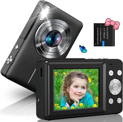 Digitale camera - 1080p, 44 MP, met 6,1 cm (2,4 inch) lcd-display, led-licht, 16-voudige digitale zoom, selfie, mini, oplaadbaar en compact, voor kinderen en beginners - zwart