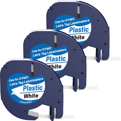 Boxstuff - Dymo LetraTag 91201 - S0721610 - Label Tape - Zwart op Wit plastic - 12 mm x 4 m - 3 Stuks