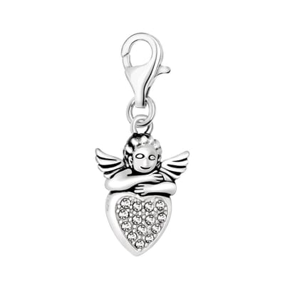 Quiges – 925 - Zilver – Charm - Bedel - Hanger - 3D Engel met Zirkonia Hart - met – sterling - zilver - karabijnslot - geschikt - voor -Bedelarmband HC068