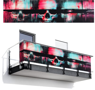 Balkonscherm 500x120 cm - Balkonposter Schedels - Glitch - Cyberpunk - Balkon scherm decoratie - Balkonschermen - Balkondoek zonnescherm
