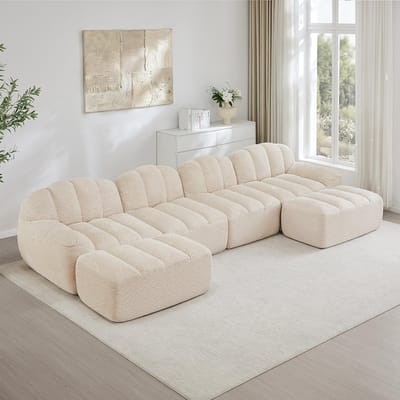 BLACKCOLORS Modulaire 4-zits U-vormige bank met 2 chaise longues, schelpvorm, Boneless-bank van 32D-schuim met hoge dichtheid, diepe zitting, ideaal voor de woonkamer, zachte stof, Beige Wit