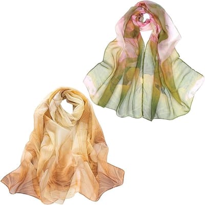Set van 2 dunne zijden sjaals voor dames - 160 × 50 cm - Lichtgewicht georgette sjaal met print - Elegant en veelzijdig - Perfect voor jurken, bruiloften en strandvakanties - Verkrijgbaar in 2 kleuren