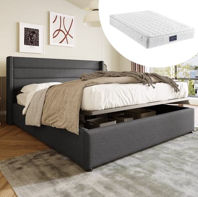 MEUNIQ opklapbed 140x200 cm met hydraulische opbergruimte, gestoffeerd tweepersoons bedframe met lattenbodem, hoog hoofdbord, slaapkamer, grijs
