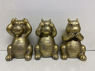 Gouden Nijlpaarden " horen, zien & zwijgen" beeldjes - goud - set van 3 - 13 cm hoog - polyresin – decoratief