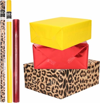 6x Rollen kraft inpakpapier pakket panter/dierenprint-metallic rood en geel 200 x 70/50 cm/cadeaupapier/verzendpapier/kaftpapier