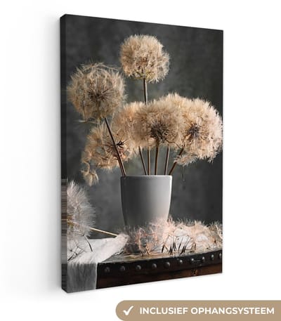 Canvas schilderij 20x30 cm - Wanddecoratie Bloemzaden - Paardenbloem- Vaas - Stilleven - Boeket - Muurdecoratie woonkamer - Slaapkamer decoratie - Kamer accessoires - Schilderijen op canvas