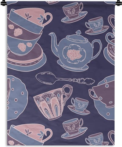 Wandkleed - Wanddoek - Patroon - Thee - Kop - Theepot - 90x120 cm - Wandtapijt