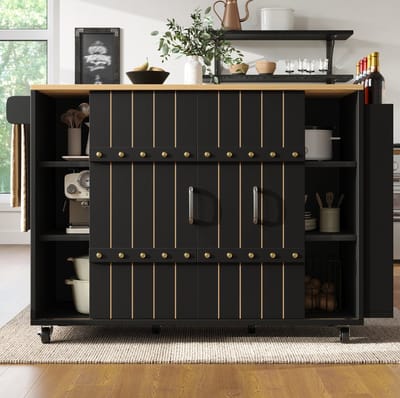 MEUNIQ keukenkast 110 x 42 x 90 cm met opklapbaar tafelblad, 3 lades, 2 schuifdeuren, zijrek, handdoekhouder en wieltjes, keukenwagen keukeneiland zwart