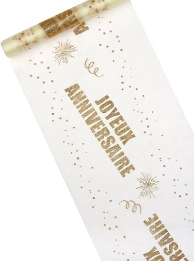 HOBI - Gouden Happy Birthday Organza Tafelloper 29 cm x 5 m glinsterend