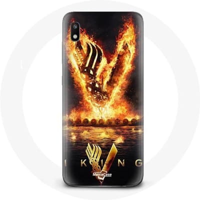 Case voor Samsung Galaxy A10 Vikings Series Seizoen 6 logo V Sword of Fire Zwarte achtergrond